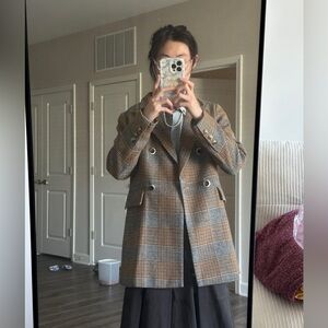 Women’s Plaid Double-Breasted Blazer Jacket - Brown/Gray